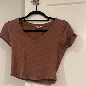 Brown V neck crop t shirt